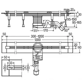 Душевой лоток щелевой с решеткой 300-1200 Viega Advantix Vario 704353