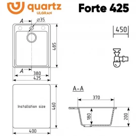 Мойка кварцевая (уголь) 425х485 мм Ulgran Quartz Forte 425-07